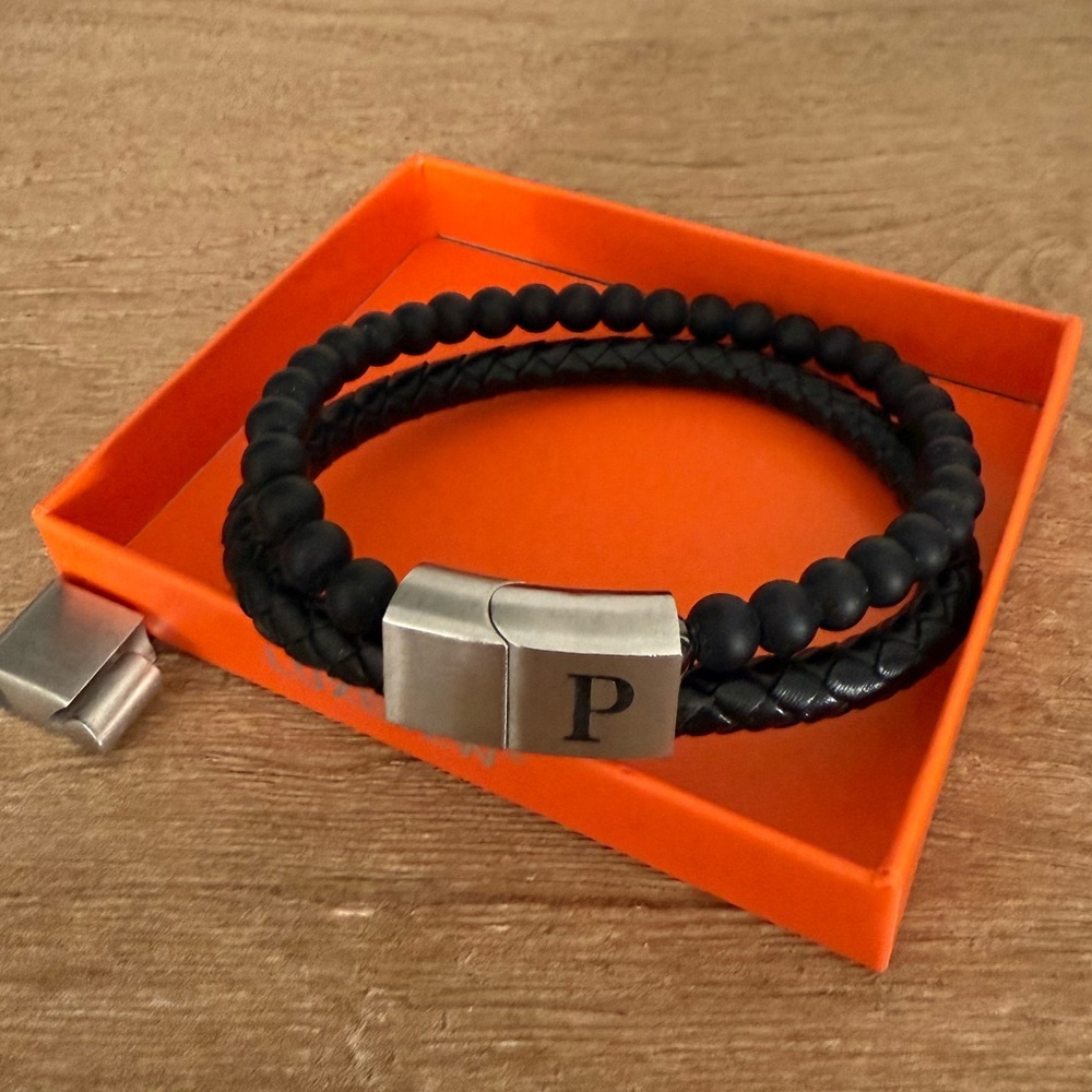 Black double-Strand Leather & Bead Bracelet with Initial 'P' Clasp